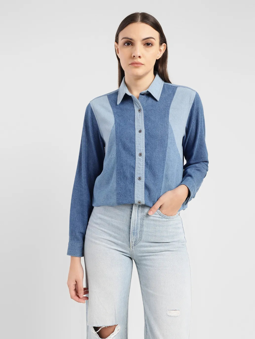 Women's Colorblock Spread Collar Shirt