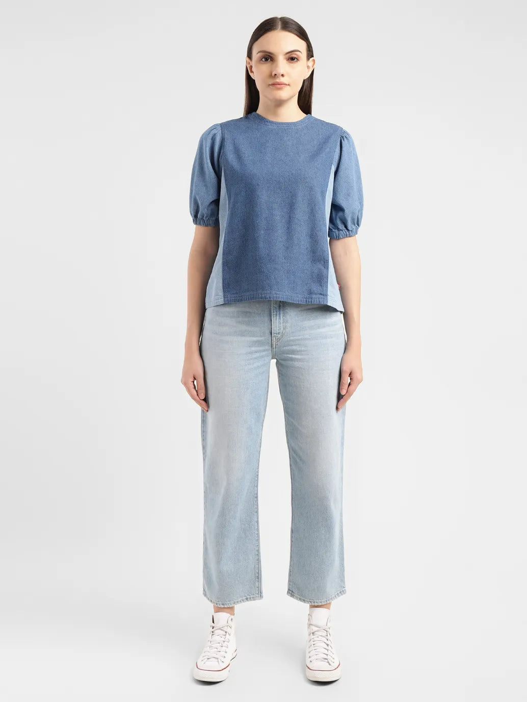 Women's Colorblock Indigo Round Neck Denim Top