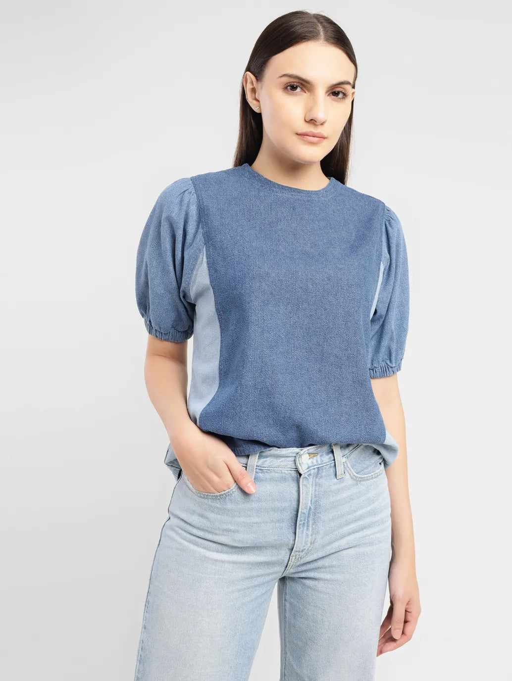 Women's Colorblock Indigo Round Neck Top