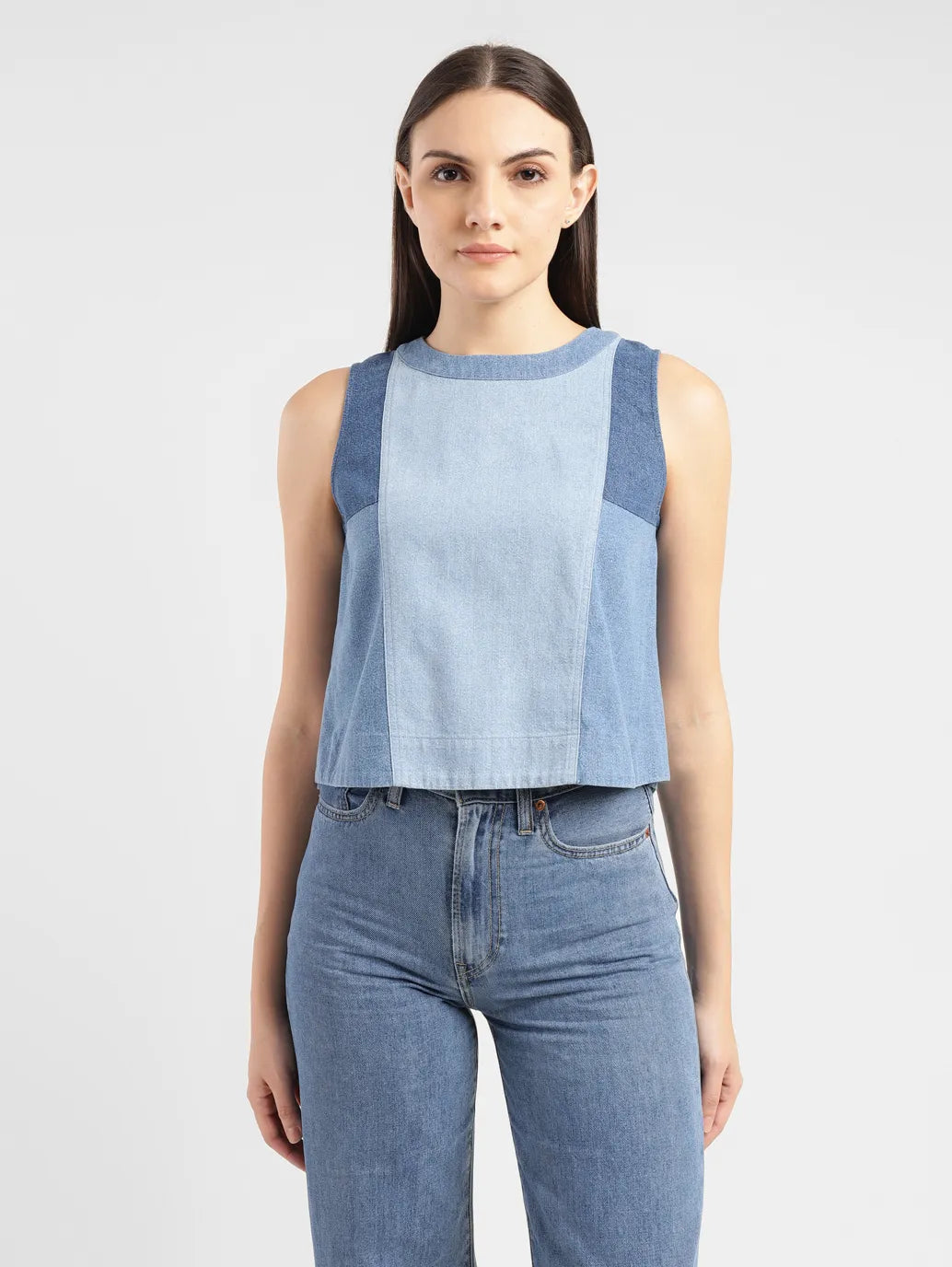 Women's Colorblock Mid Indigo Round Neck Top