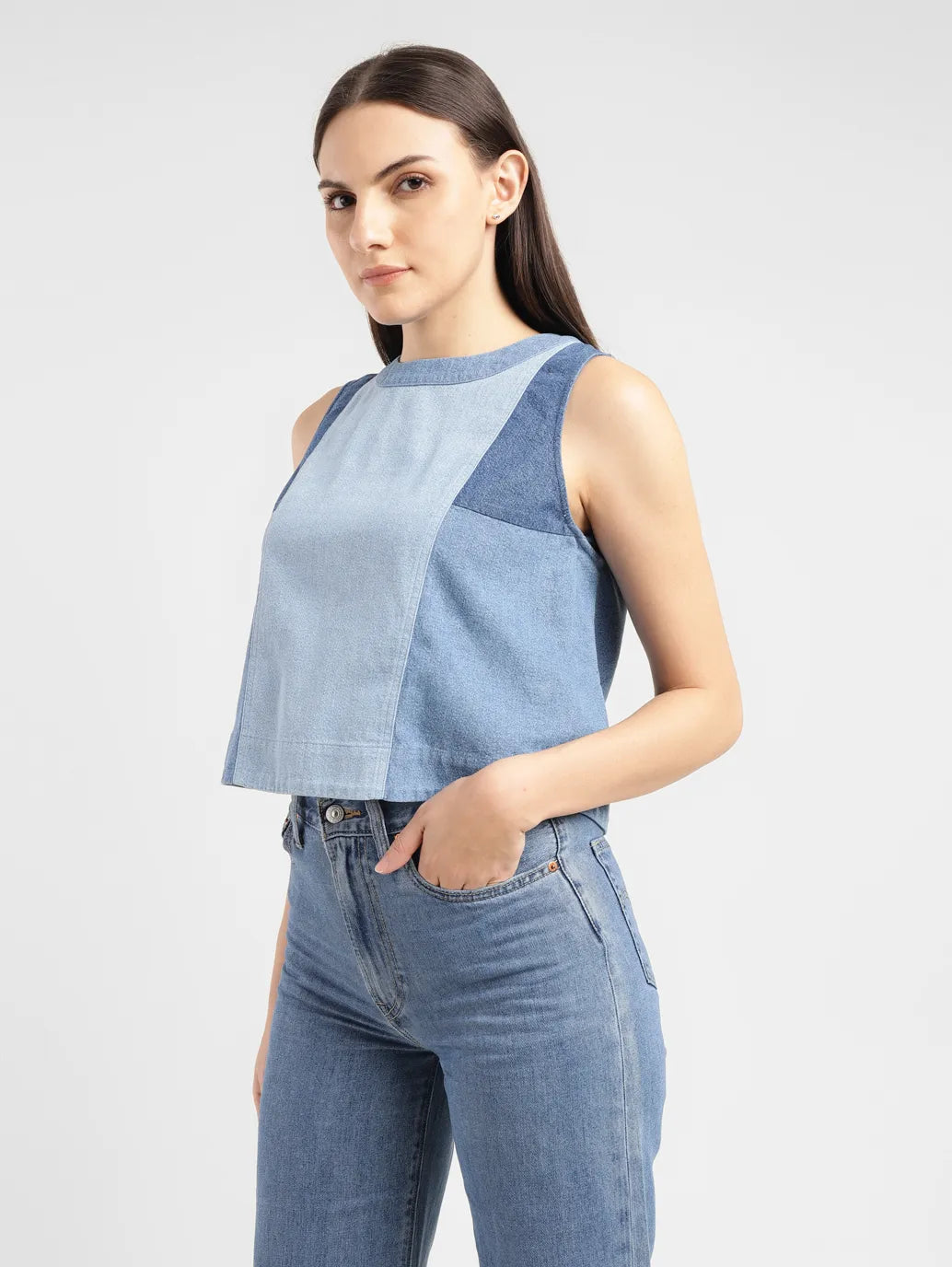 Women's Colorblock Mid Indigo Round Neck Top