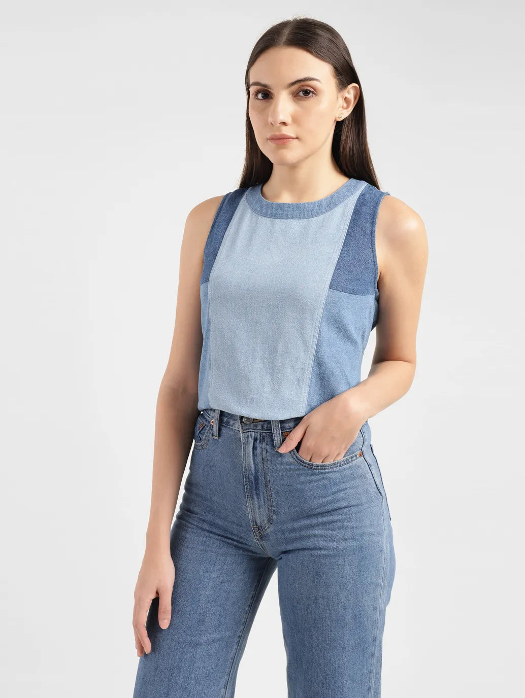 Women's Colorblock Mid Indigo Round Neck Top