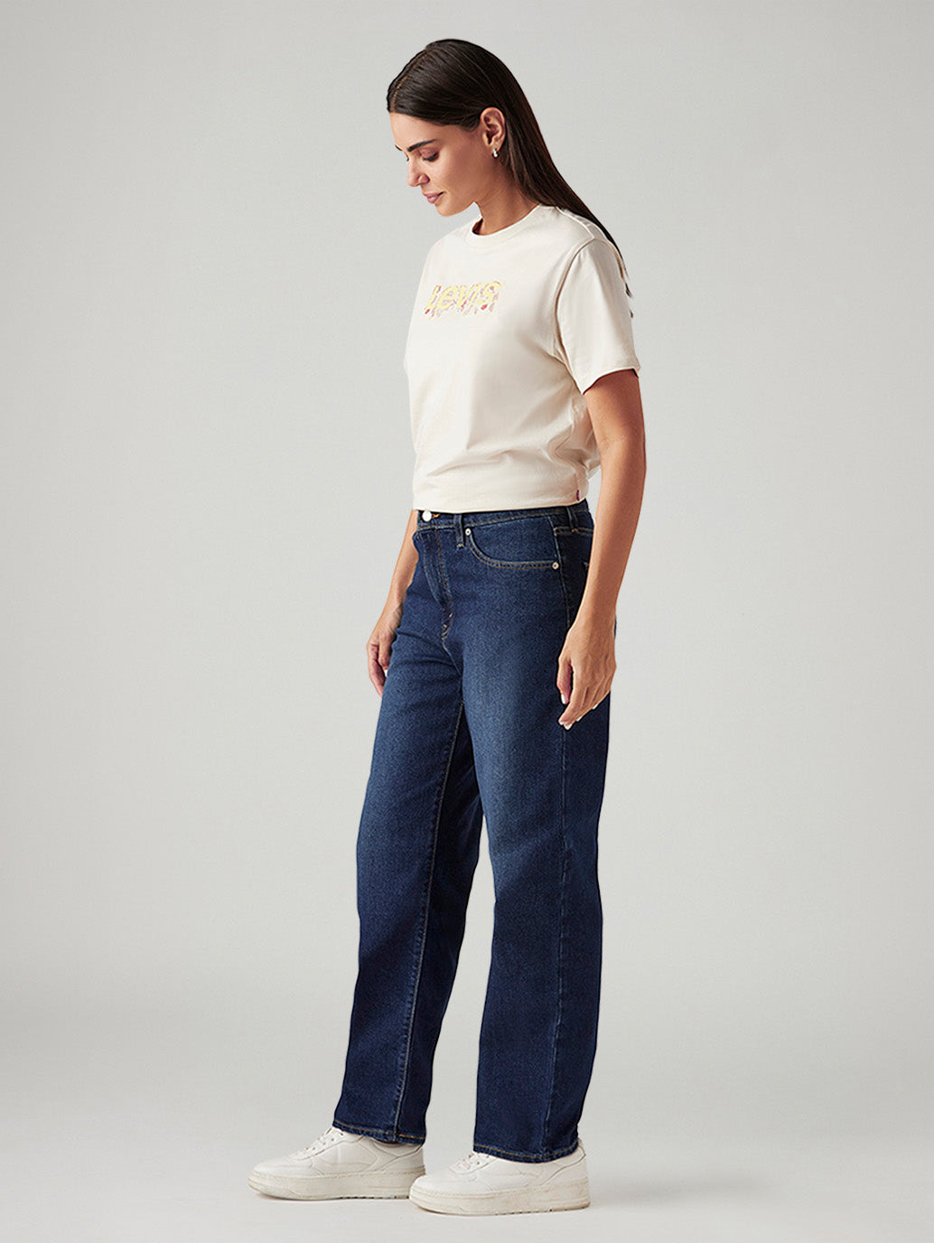 Women's 94 Dark Indigo Baggy Fit Mid Rise Tinted Jeans - Side View