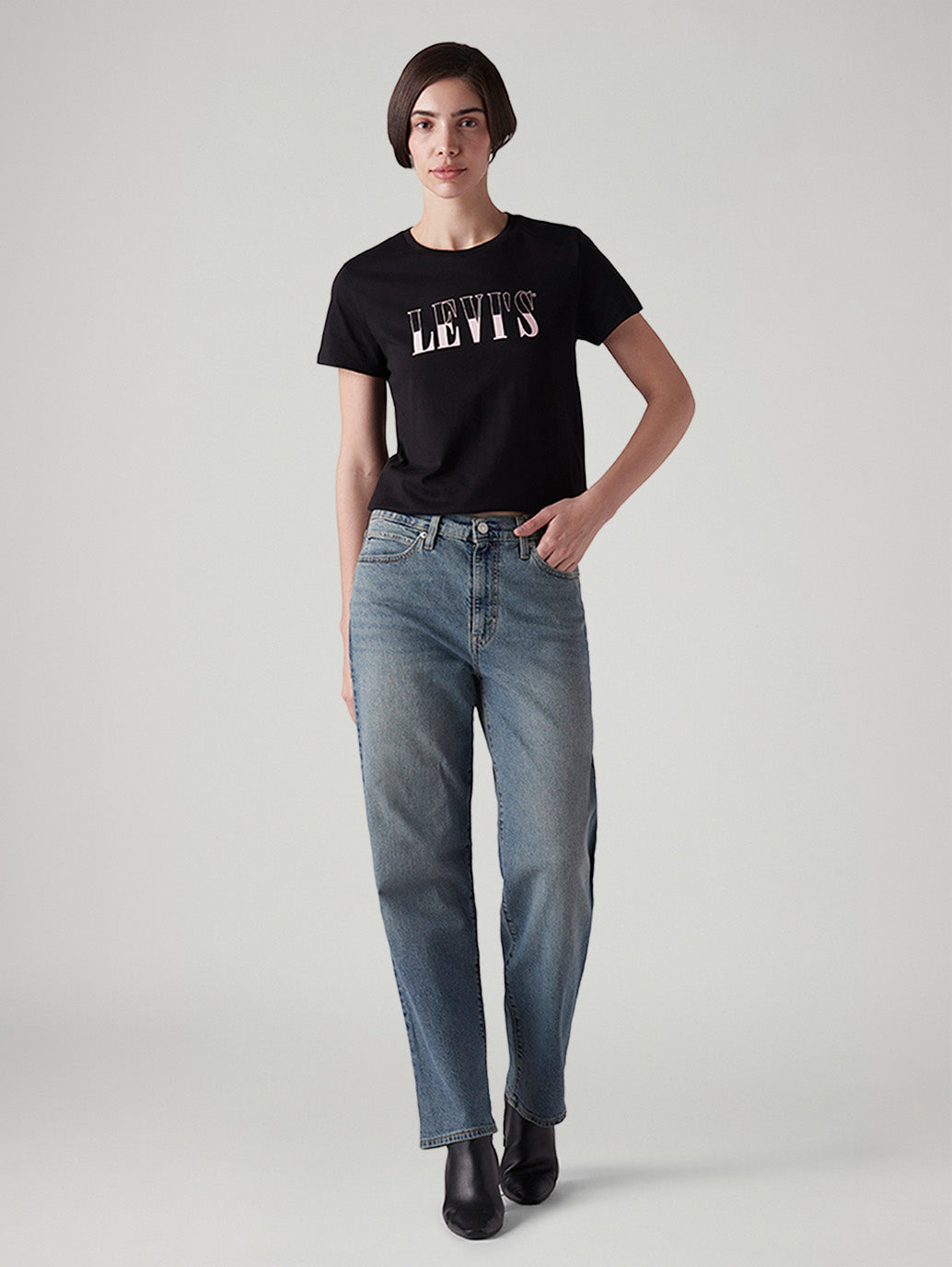 Women's 94 Blue Baggy Fit Mid Rise Jeans - Front View