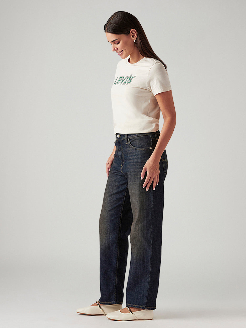 Women's 94 Dark Blue Baggy Fit Mid Rise Tinted Jeans - Side View