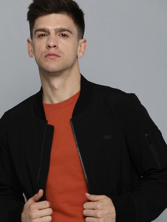 Men's Solid Band Neck Bomber Jacket - Front View