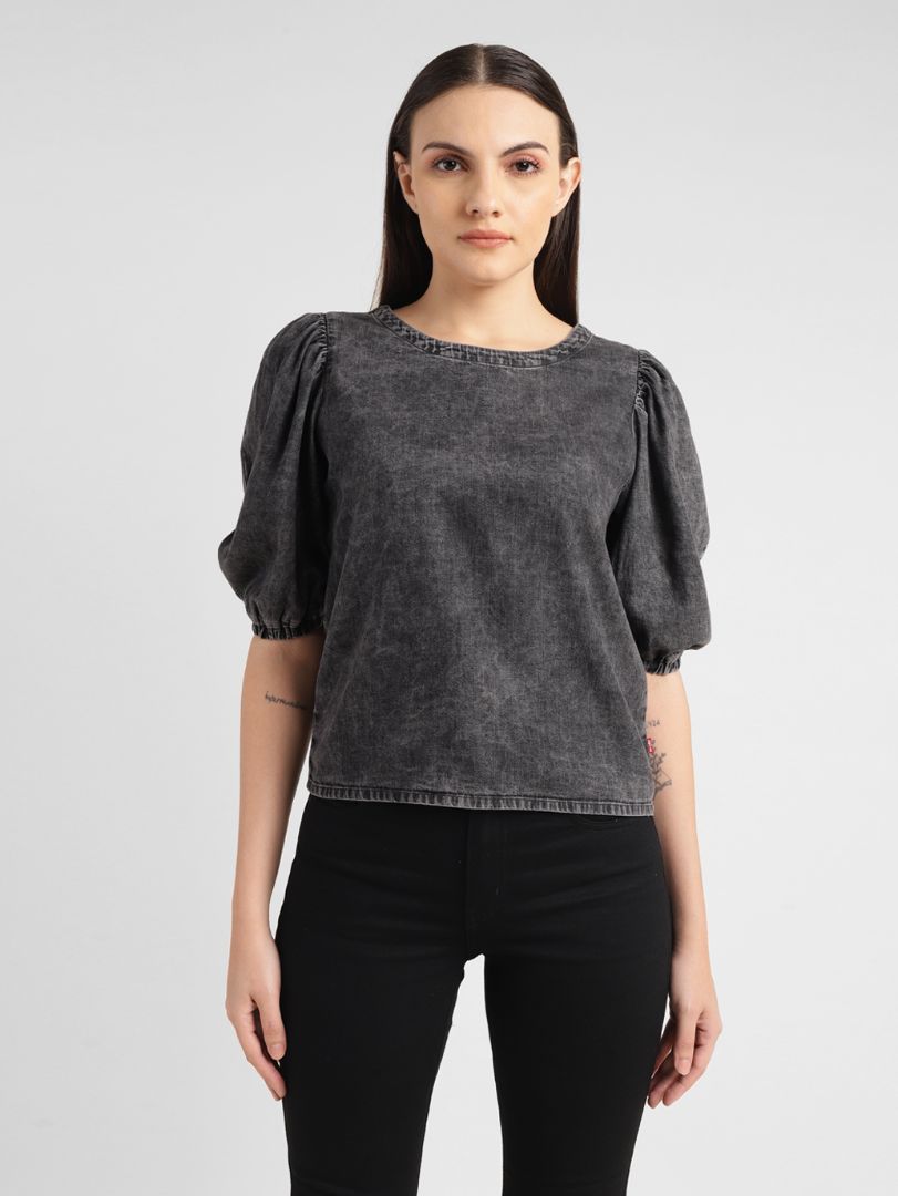 Women's Solid Charcoal Grey Round Neck Top