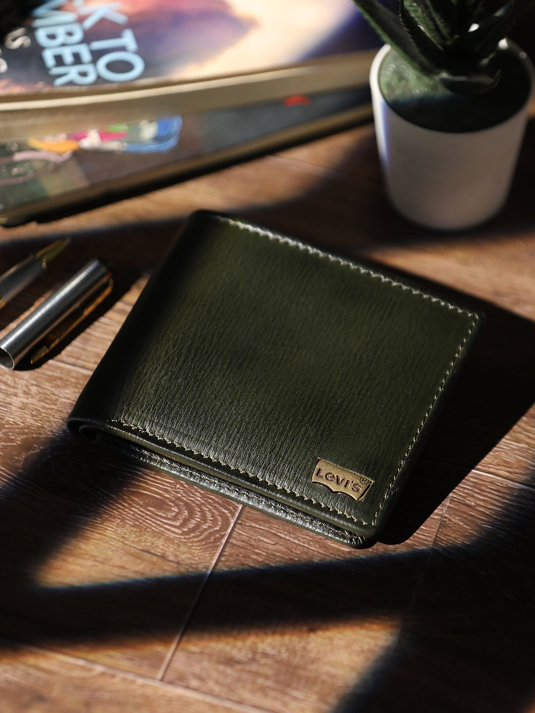 Men's Olive Solid Bi-Fold Wallet - 1 View