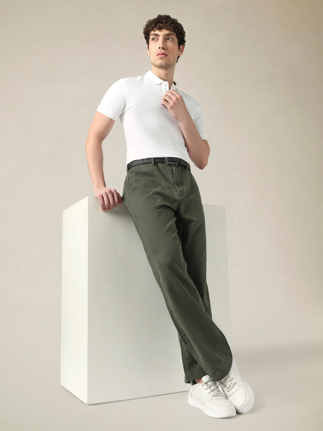Men's Olive Green Wide Leg Fit Mid Rise Chinos - Styleshot View