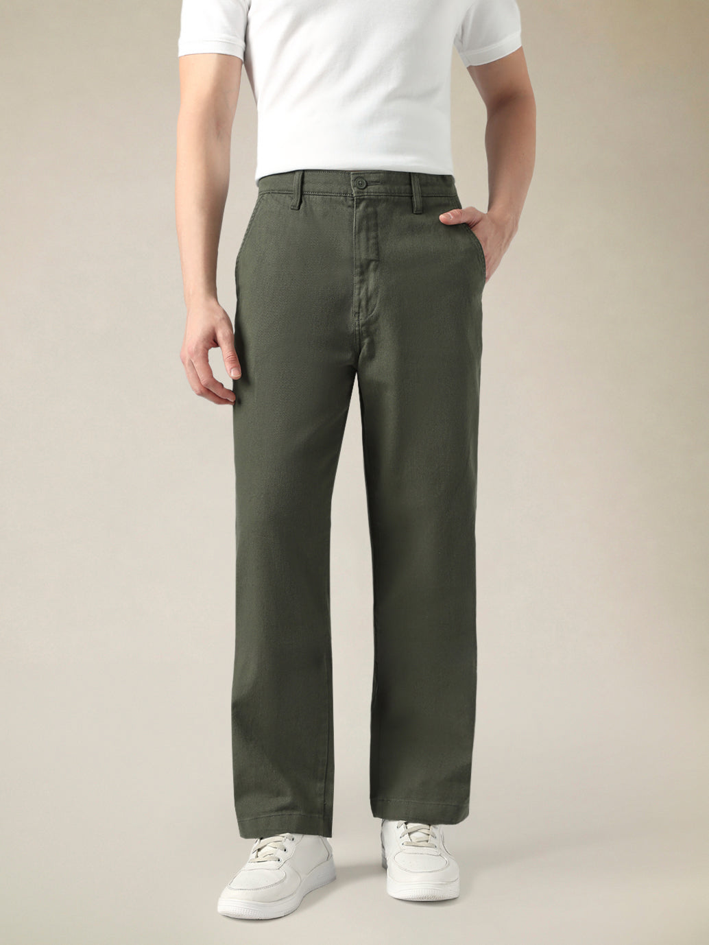 Men's Olive Green Wide Leg Fit Mid Rise Chinos - Front View