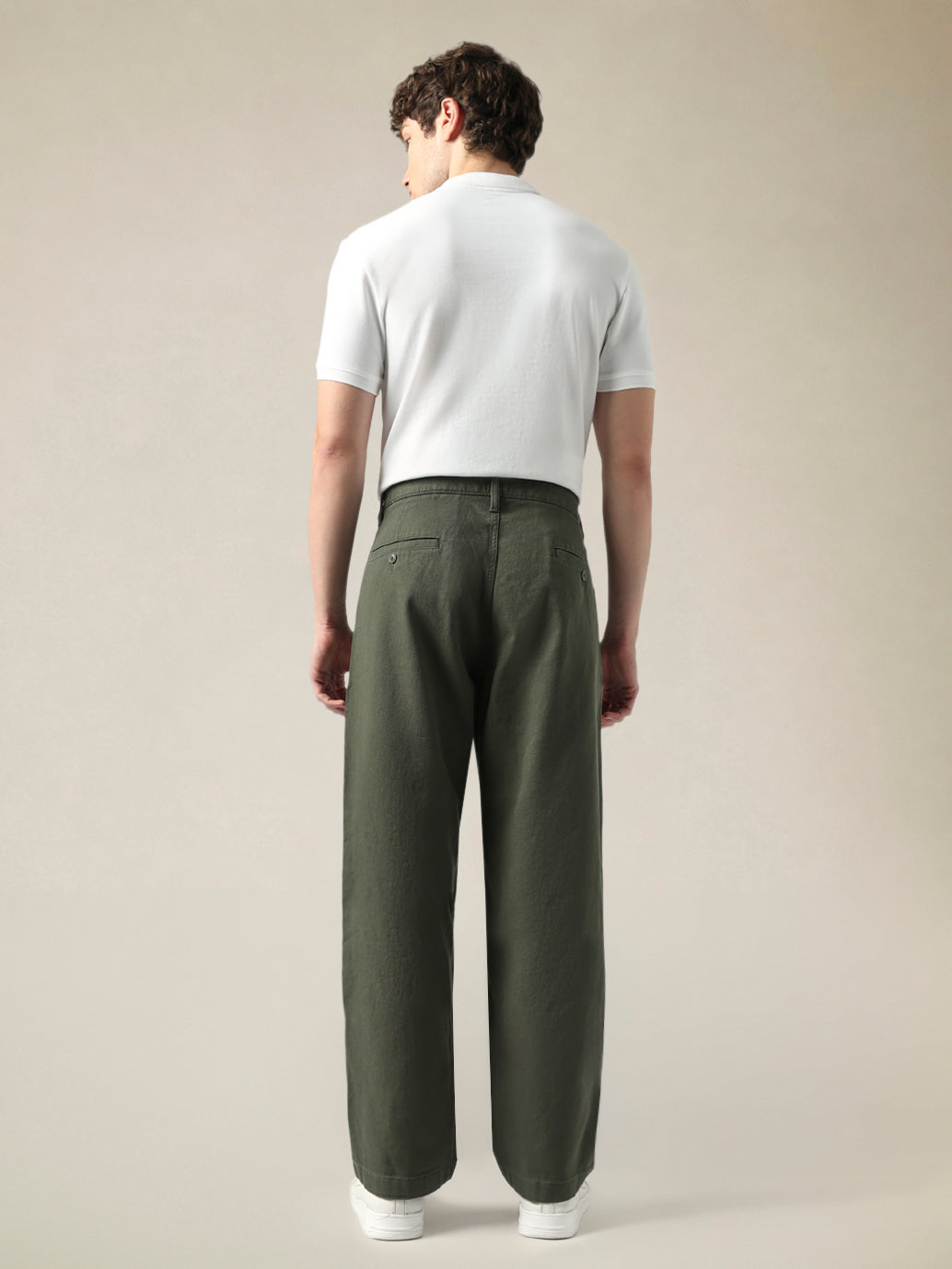Men's Olive Green Wide Leg Fit Mid Rise Chinos - Back View