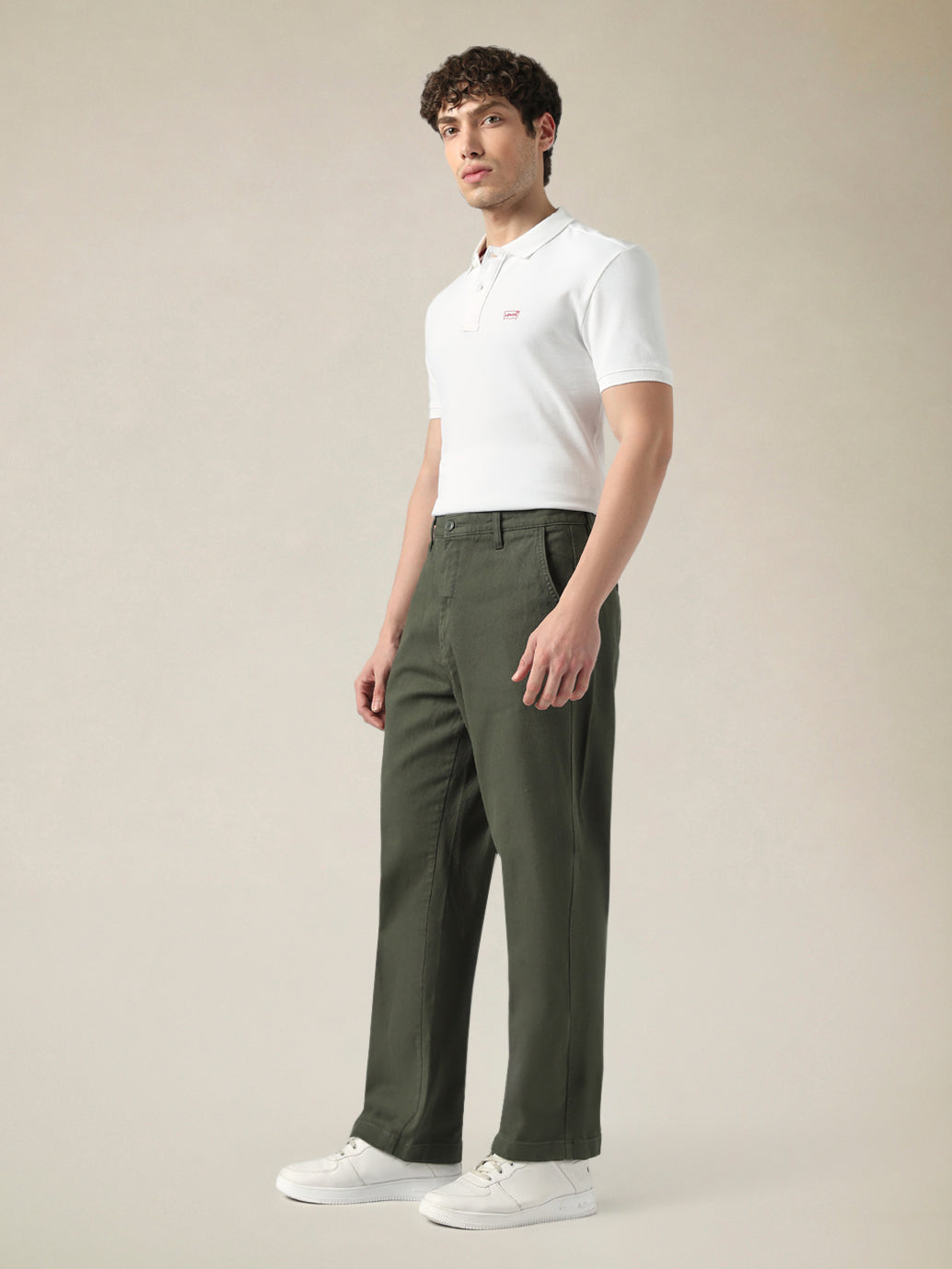 Men's Olive Green Wide Leg Fit Mid Rise Chinos - Side View