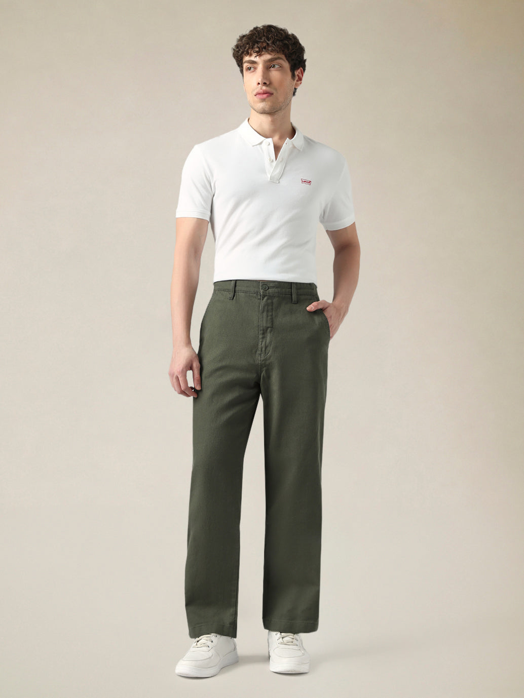 Men's Olive Green Wide Leg Fit Mid Rise Chinos - Front View