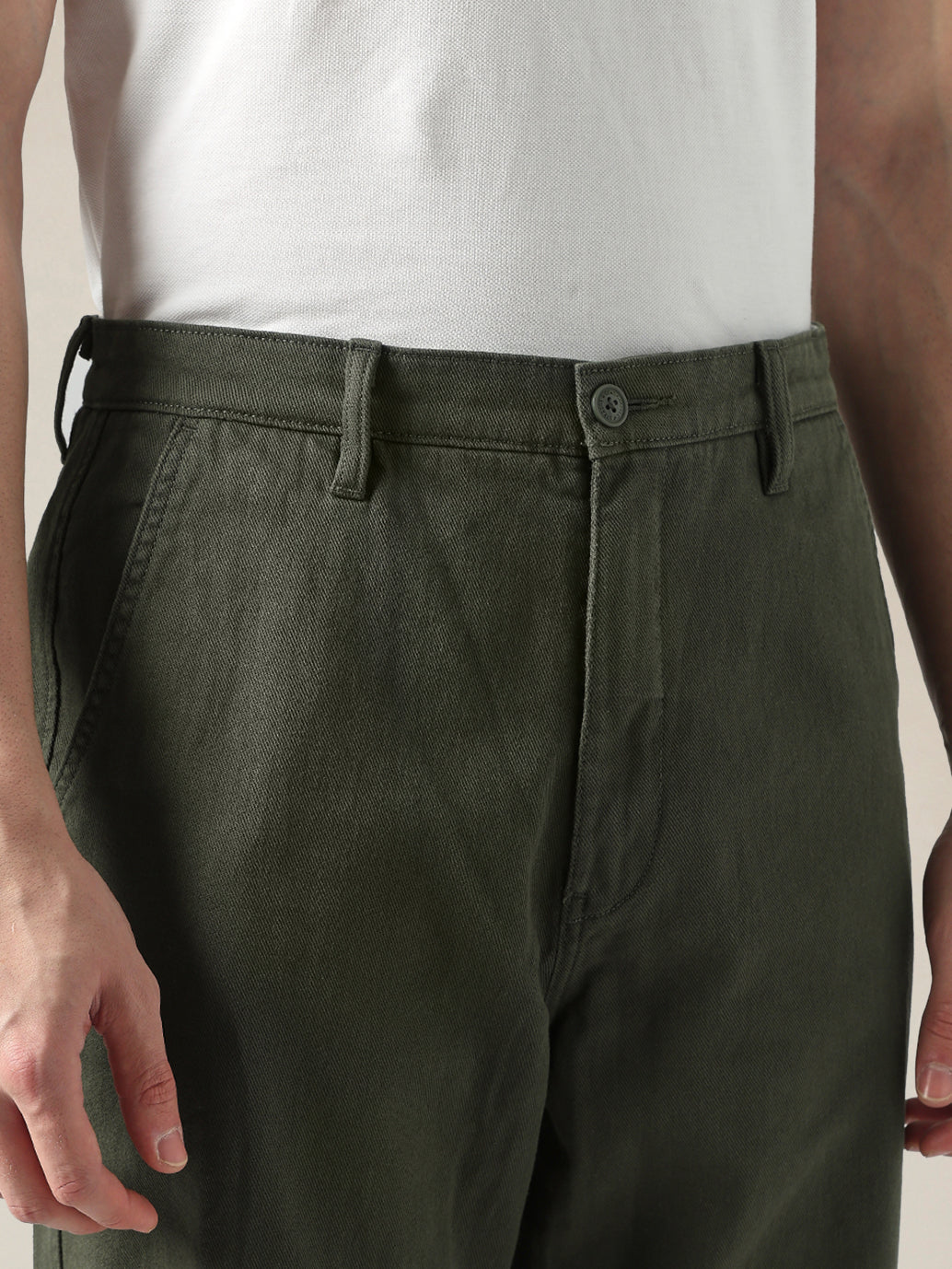 Men's Olive Green Wide Leg Fit Mid Rise Chinos - Detail View