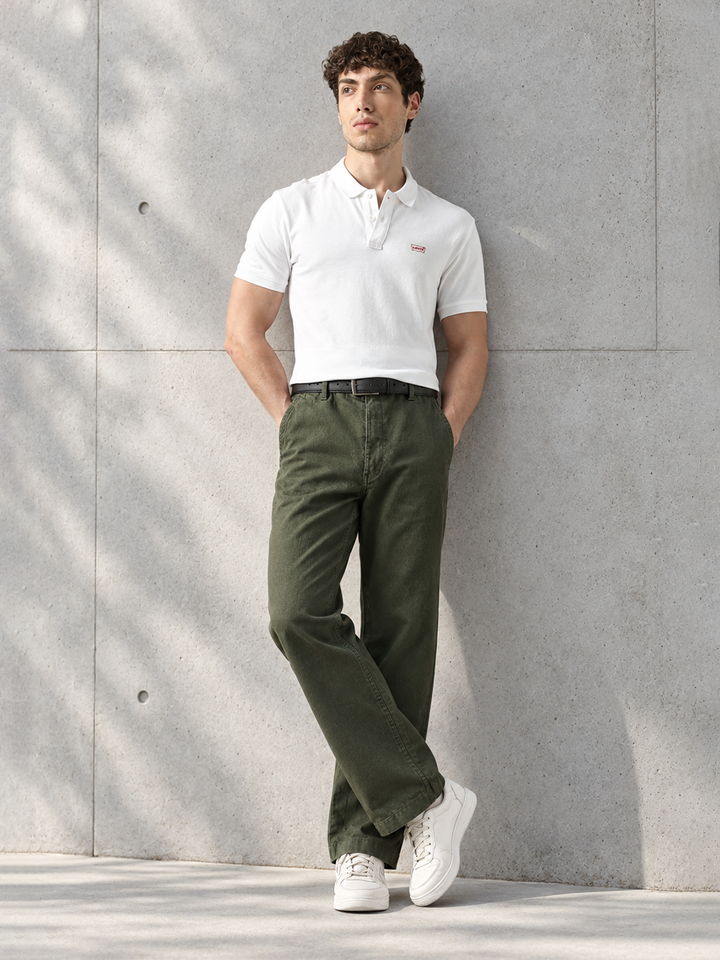 Men's Olive Green Wide Leg Fit Mid Rise Chinos