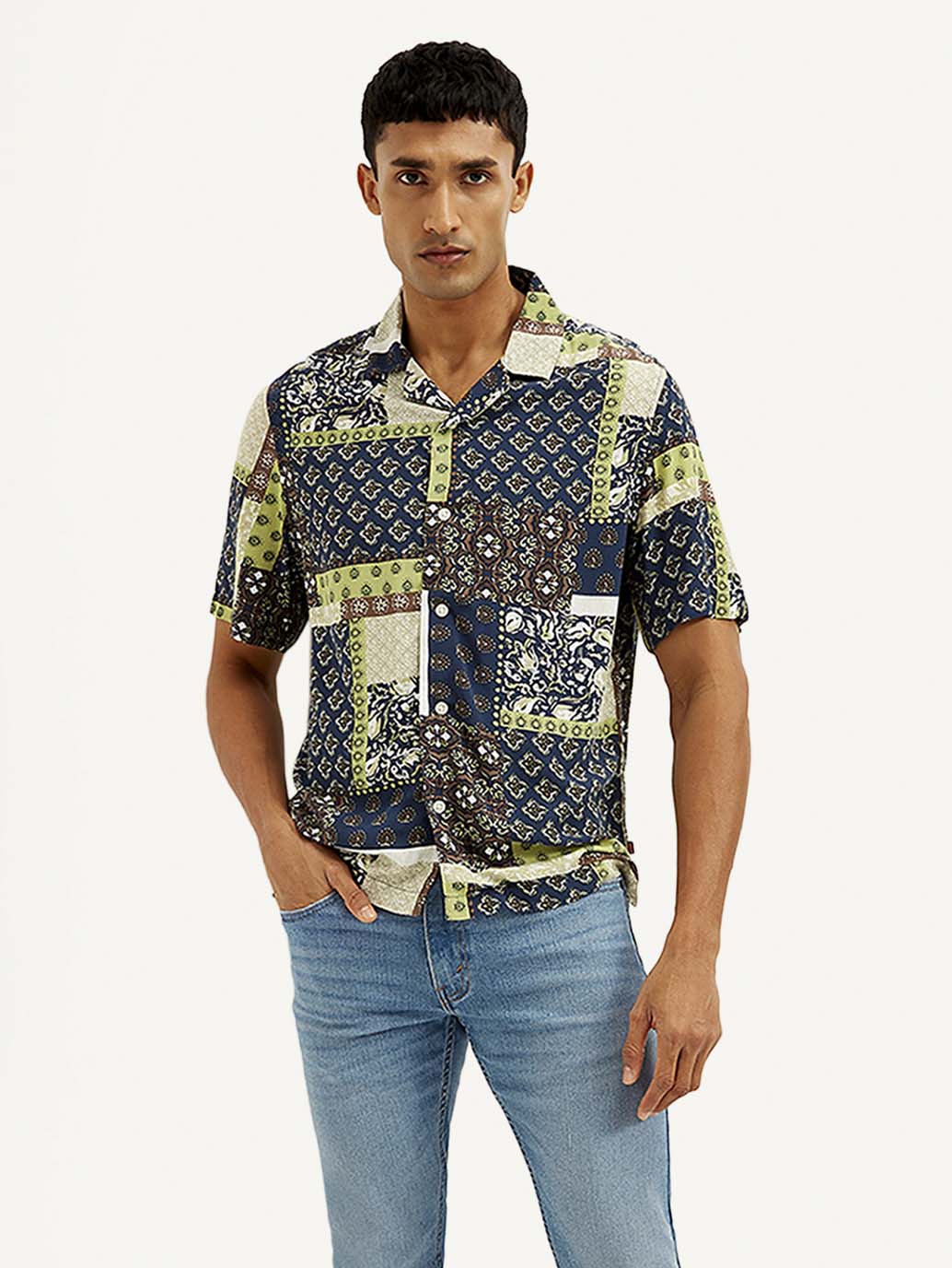 Men's Resort Collar Ethnic Motif Loose Fit Shirt - Styleshot View