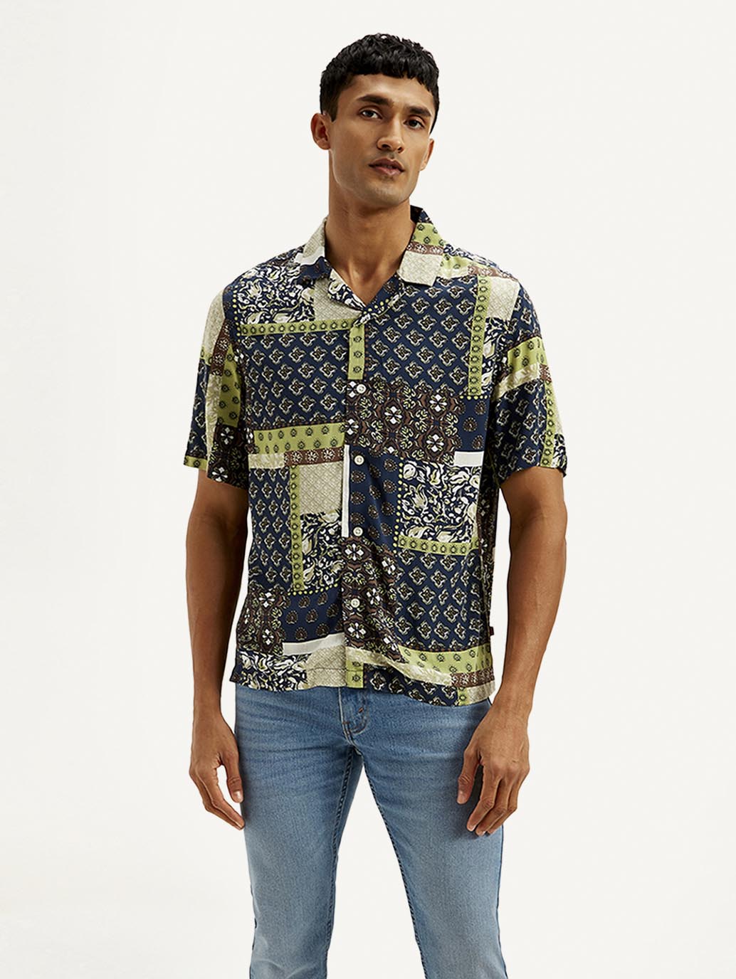 Men's Resort Collar Ethnic Motif Loose Fit Shirt - Front View