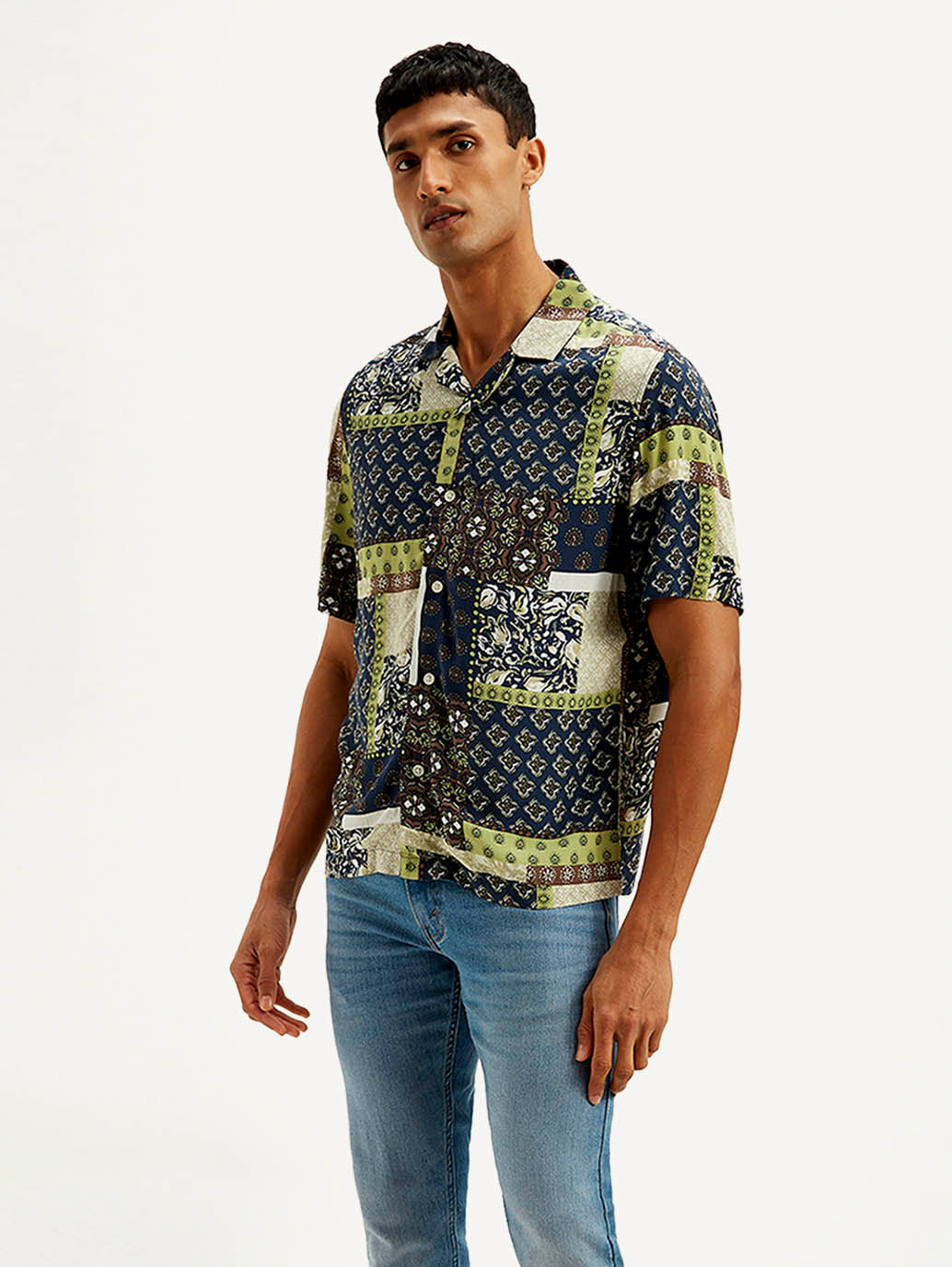Men's Resort Collar Ethnic Motif Loose Fit Shirt - Side View