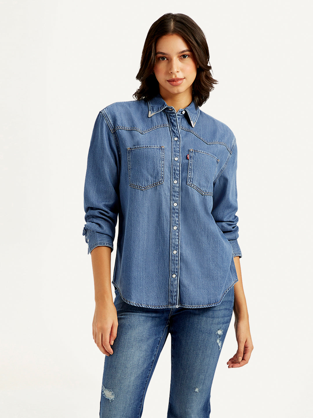 Women's Solid Relaxed Fit Denim Shirt - b6010e0e5c6072f78ca110fece579bfc View