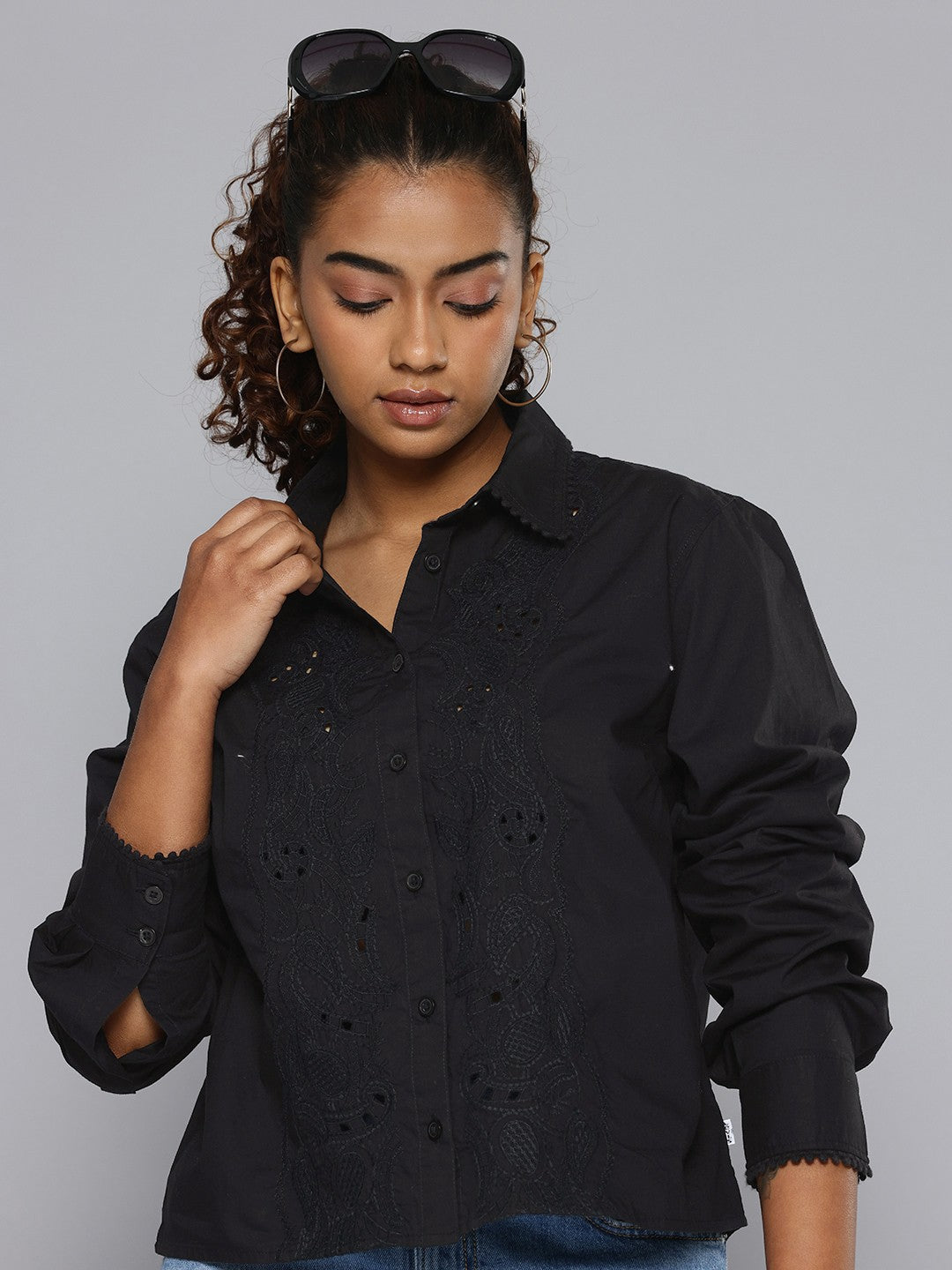 Women's Self Design Spread Collar Relaxed Fit Shirt