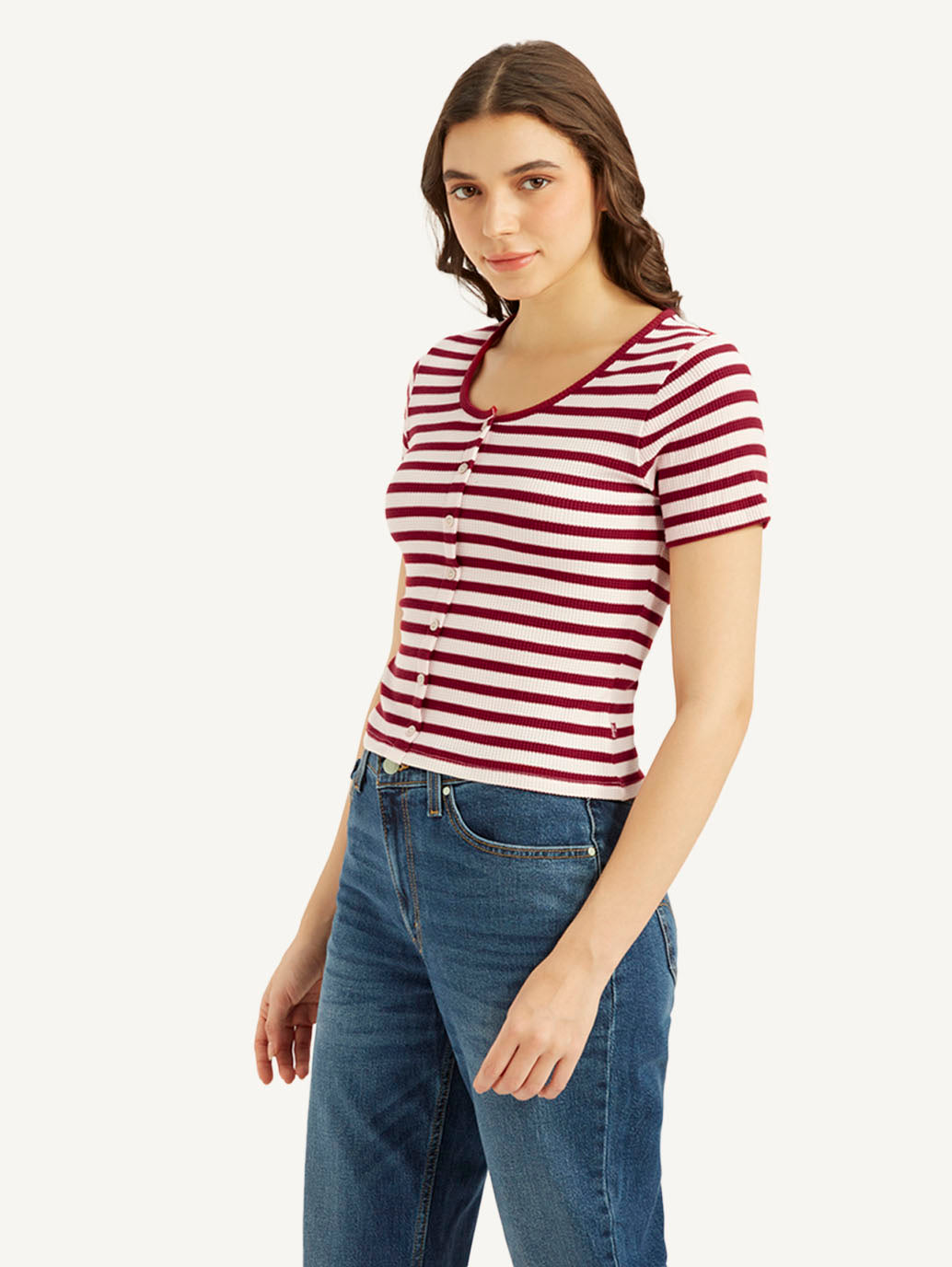 Women's Striped Red Round Neck Top - c735ec1893d4ce77b86ec61e6e962332 View