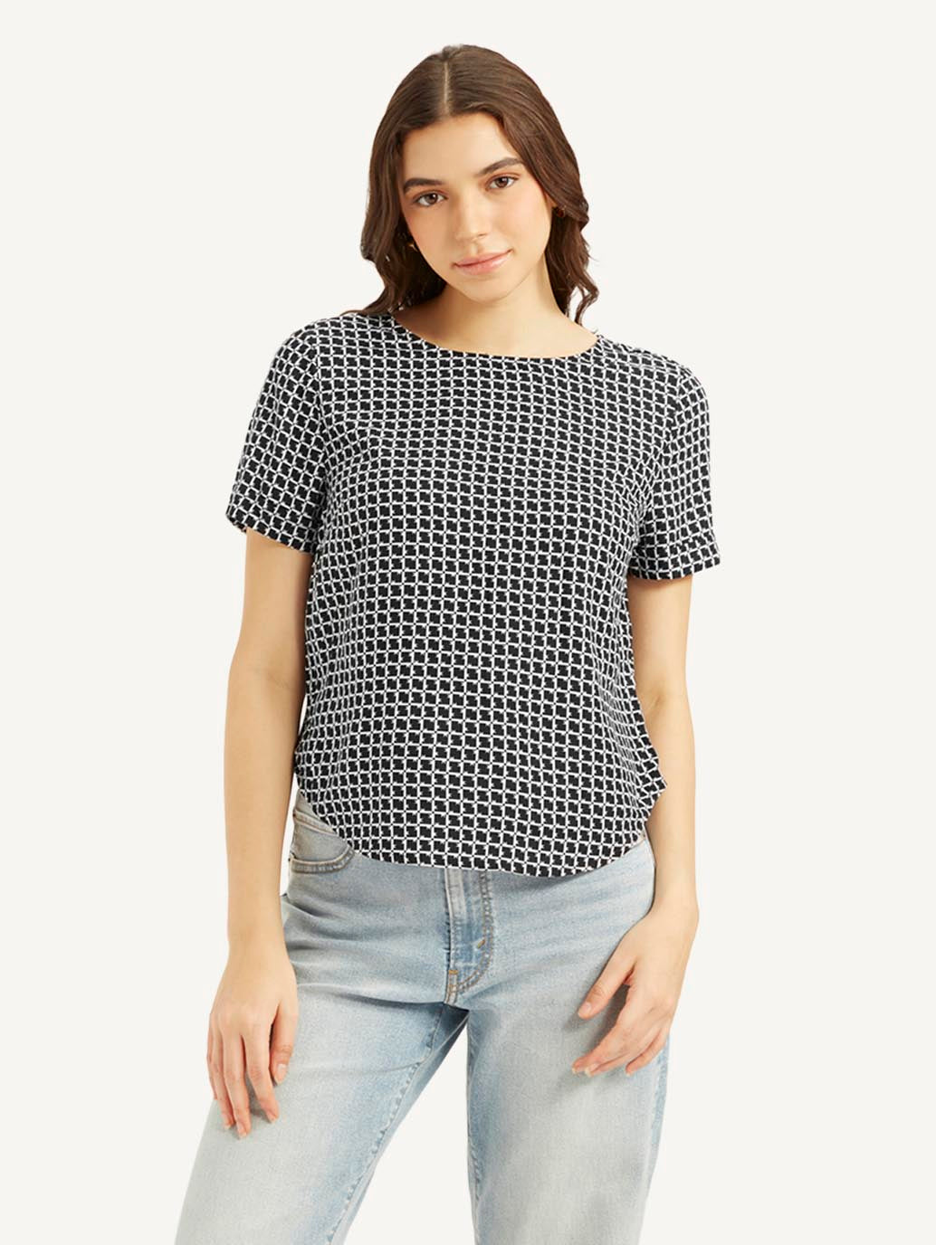 Women's Geometric Black Round Neck Top