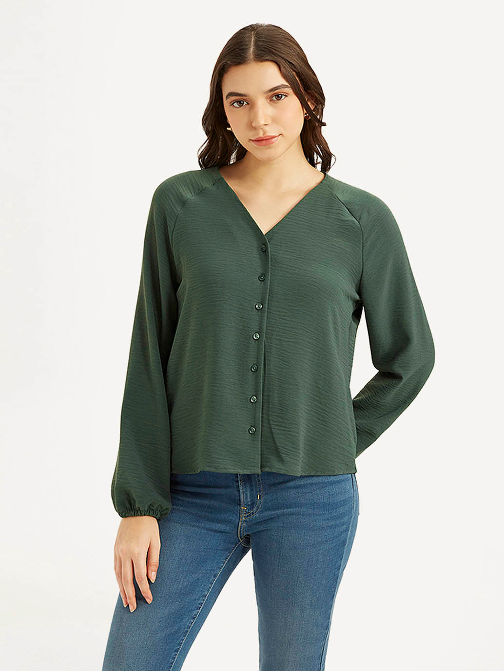 Women's Textured Dark Green V-Neck Top