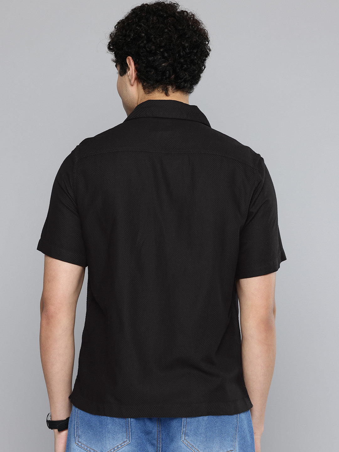 Men's Solid Black Spread Collar Shirt - 7537d69a575144b587cd7985673548b6 View
