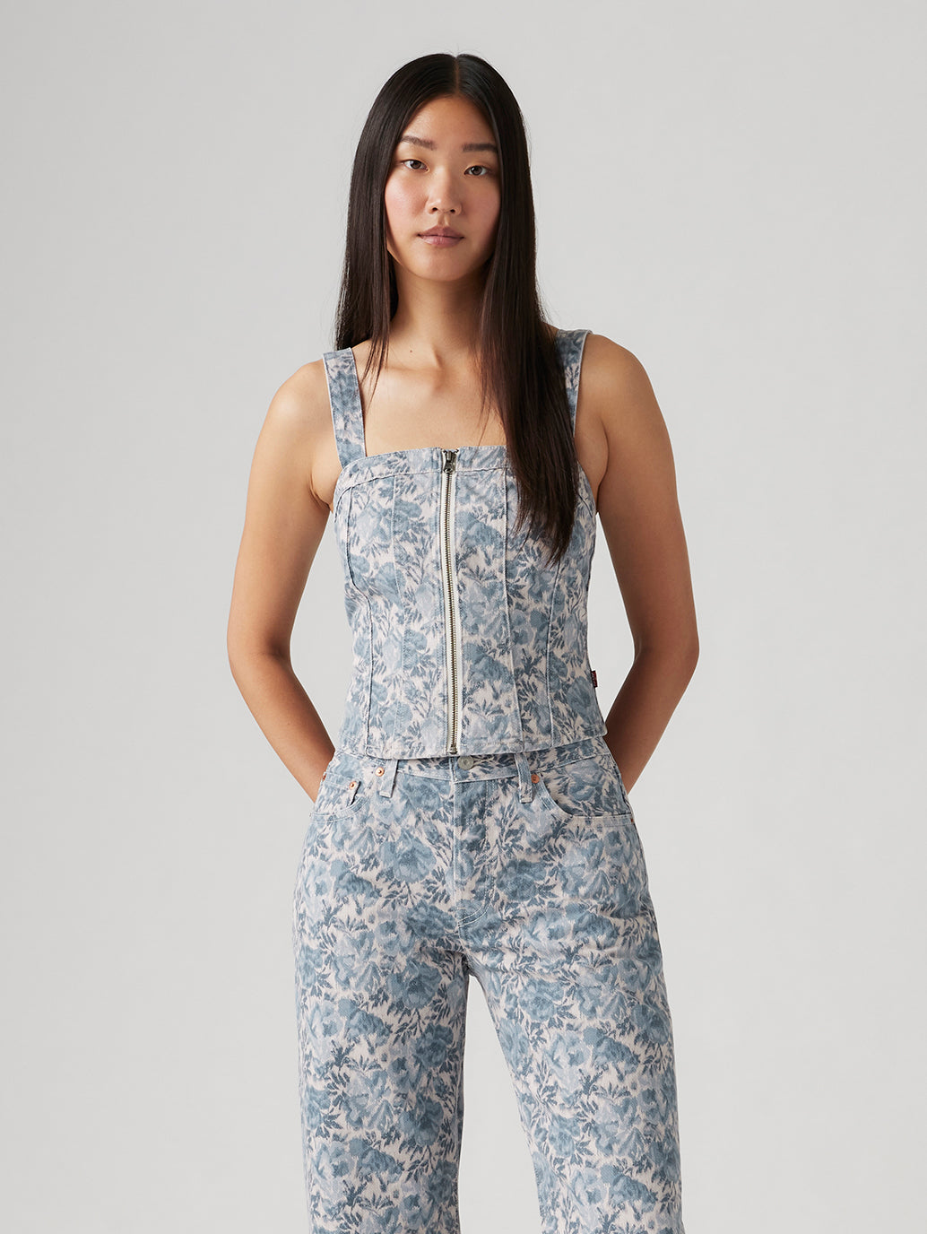 Women's Floral Blue Square Neck Corset Top