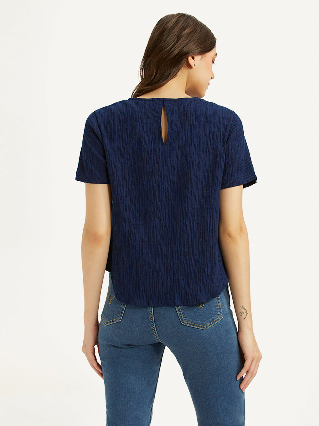 Women's Textured Navy Round Neck Top - 09b798da-d93c-4fae-a299-14e994422118 View