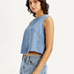 Women's Solid Light Blue Round Neck Denim Crop Top - 1b70ebbf-55cb-4151-b07b-752ff1859fad View
