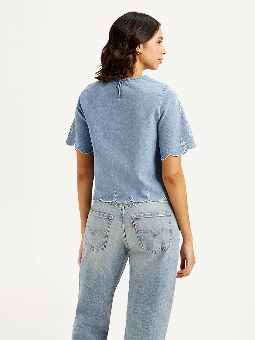 Women's Embroidered Light-Blue Round Neck Crop Top - 249fcc50-6f9c-48ac-99f2-584a44398f8c View