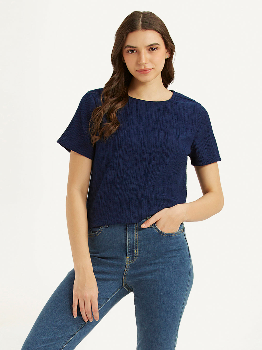 Women's Textured Navy Round Neck Top - 3fdc30bb-49f7-40ef-8e2d-ca1f9d14ab09 View
