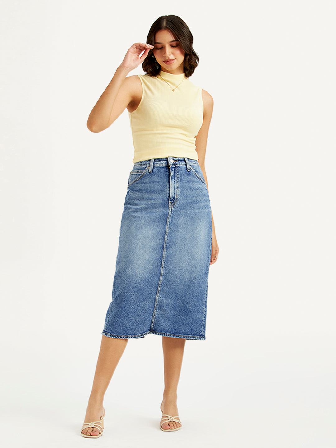 Women's High Rise Blue Straight Fit Skirt
