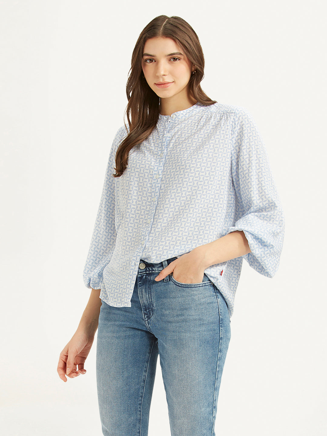 Women's Geometric Light Blue Band Neck Top