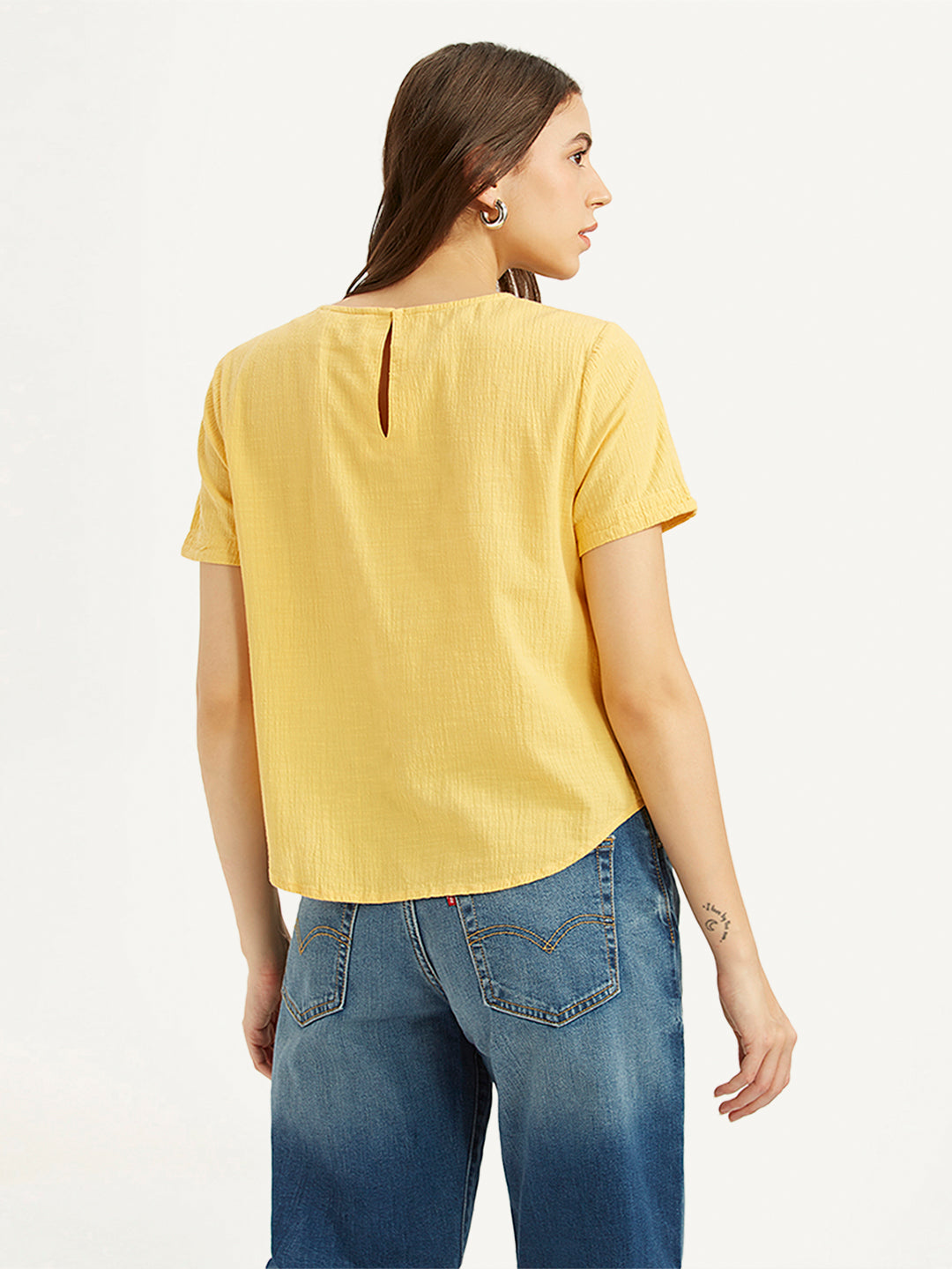 Women's Textured Yellow Round Neck Top - 5e1c9769-8002-452e-a636-48d5d9977c4f View