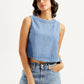 Women's Solid Light Blue Round Neck Denim Crop Top - 7b1f278a-776f-40d0-a58a-811a55848a8e View