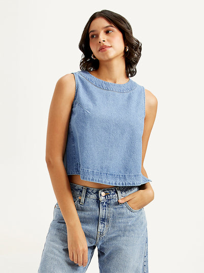 levi's Women's Solid Light Blue Round Neck Denim Crop Top-picture-28