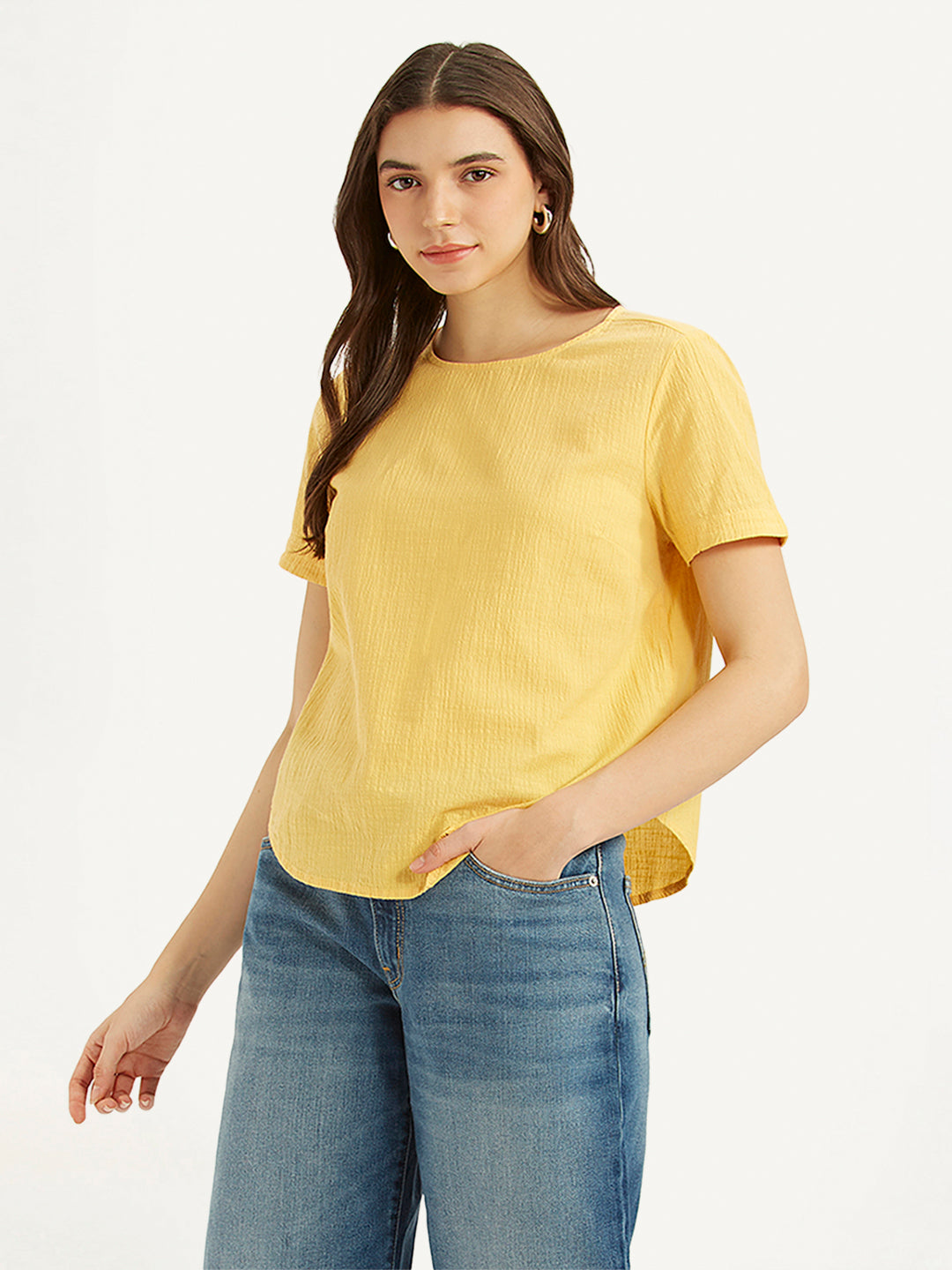 Women's Textured Yellow Round Neck Top - 87de3ec6-5bc5-4b1b-b8e8-3f4bef850ddc View