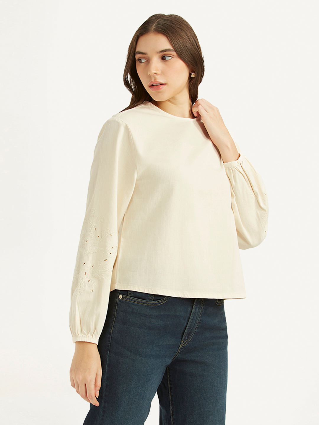 Women's Embroidered Off White Round Neck Top - 8f649fd3-3e61-4cda-a401-11919a4bf2db View