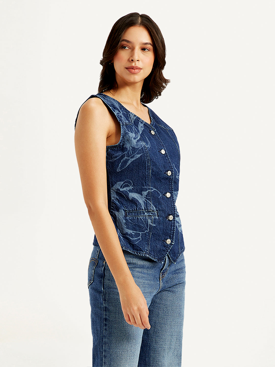 Women's Printed Blue V Neck Waistcoat - 982f9c9d-40bc-4b52-a9ff-ad520cd870a6 View