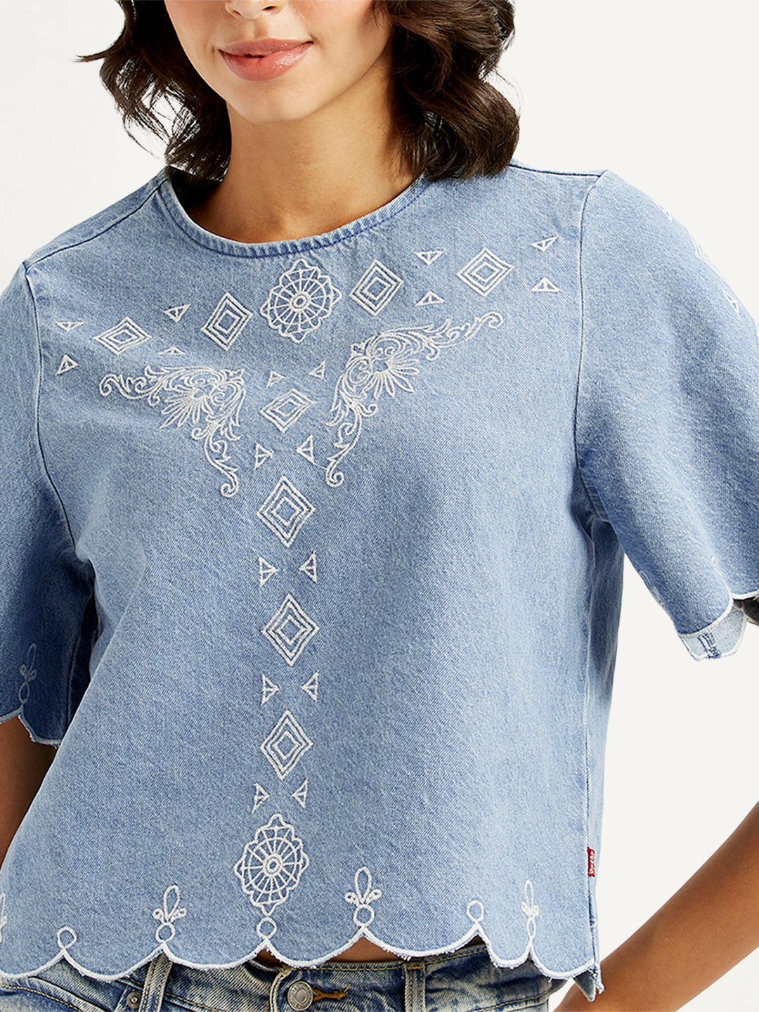 Women's Embroidered Light-Blue Round Neck Crop Top - a34807a6-837d-4a31-aaac-8d897de7d7e0 View