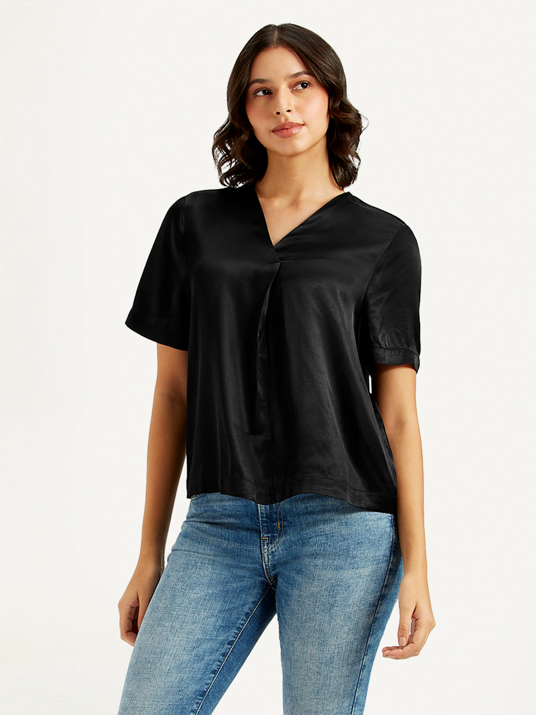 Women's Solid Black V-Neck Top - ac78134e-b6ce-4e48-9b06-dfeea8c24d70 View