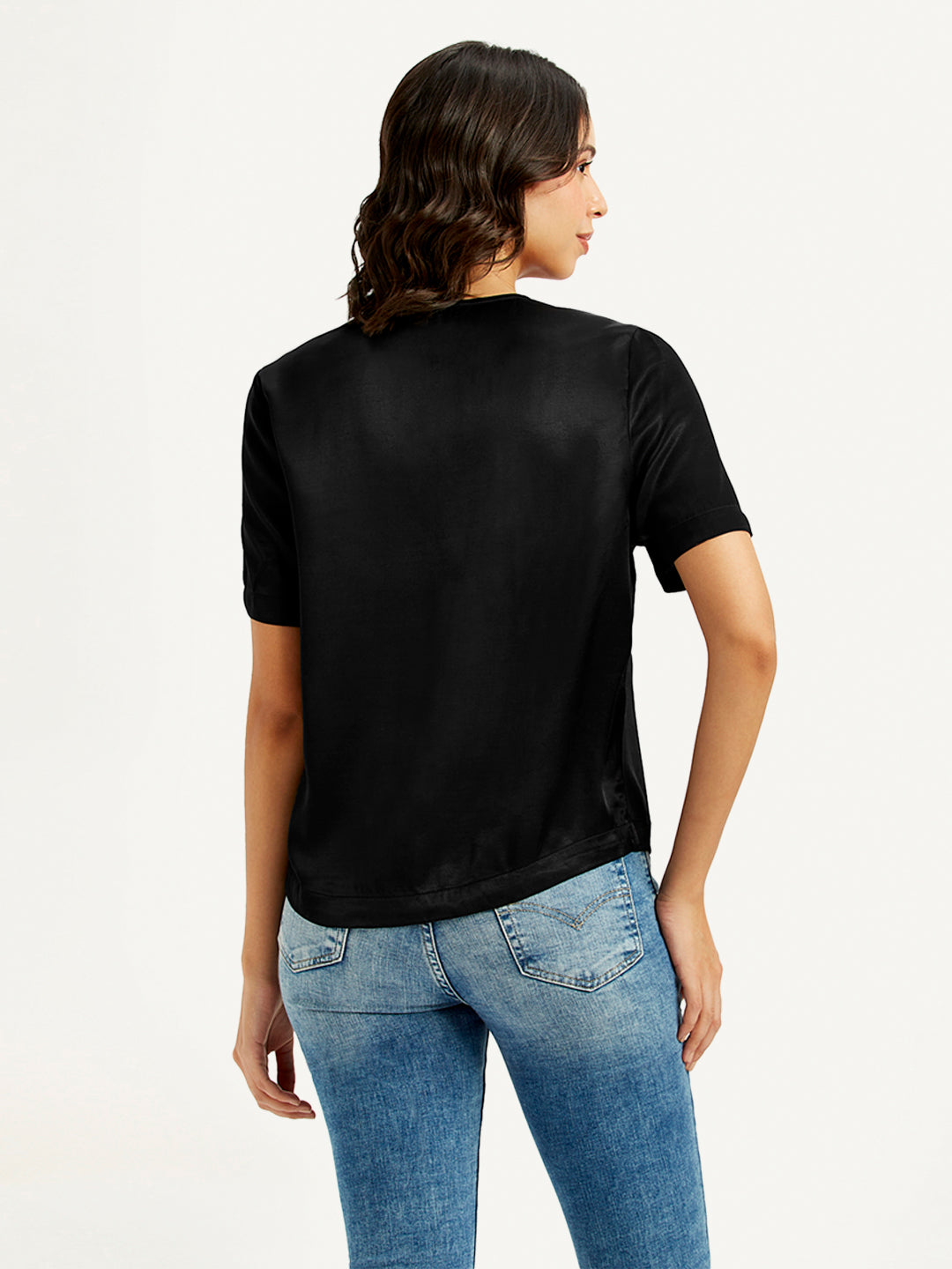 Women's Solid Black V-Neck Top - b50d299b-bb05-4032-b086-e36f7d7e43eb View