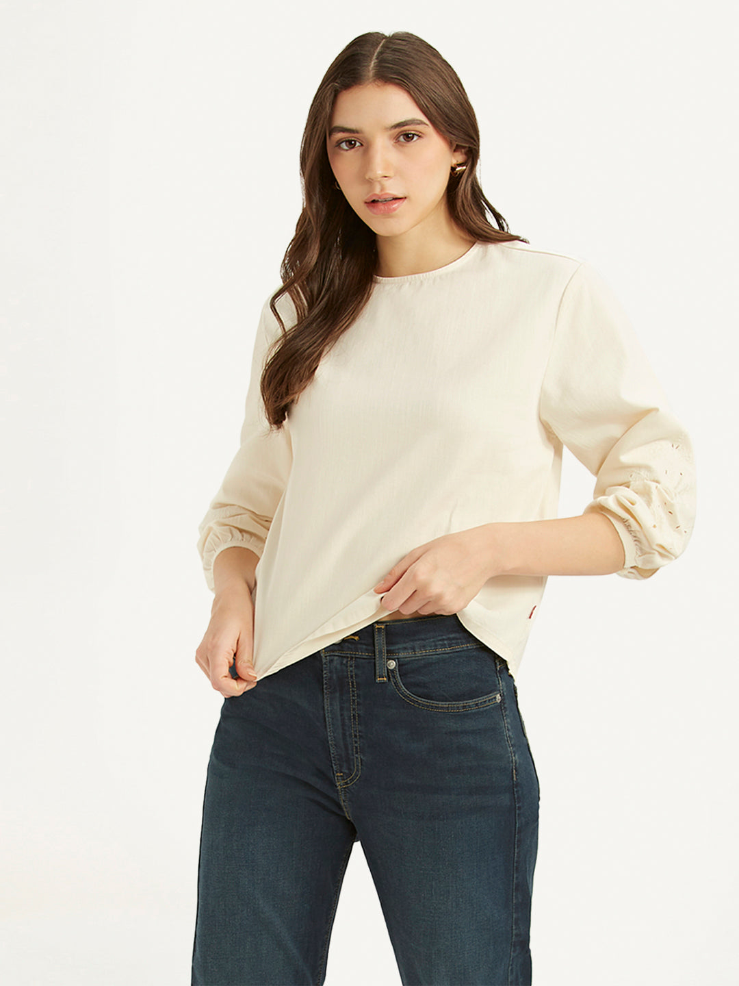 Women's Embroidered Off White Round Neck Top - b68b3f54-eb8c-4e60-a0b8-81b275f68e91 View