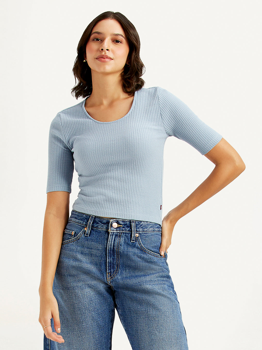 Women's Textured Light Blue Scoop Neck Top - ba483fab-021f-49f0-9716-68f7423ac12b View