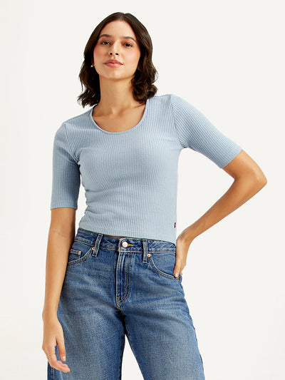 Women's Textured Light Blue Scoop Neck Top-image-30