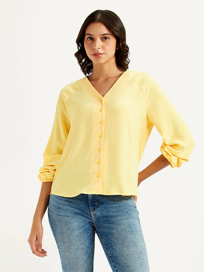 Women's Solid Yellow V Neck Top