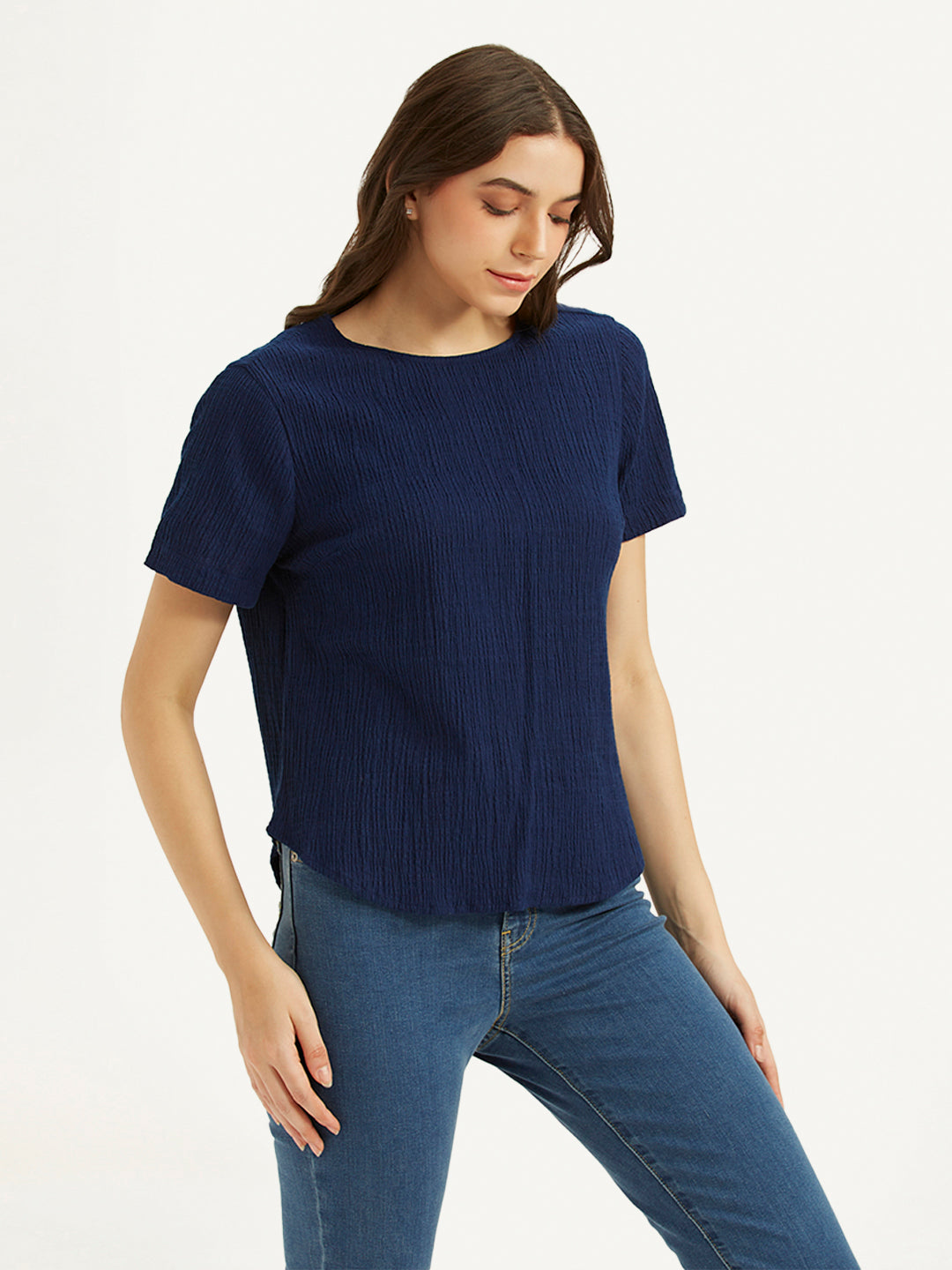 Women's Textured Navy Round Neck Top - d692e813-2f50-4154-aae7-32af3f948d00 View