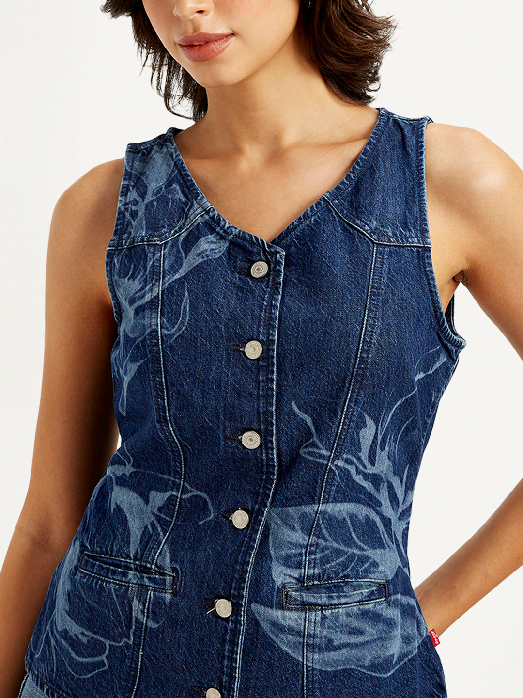 Women's Printed Blue V Neck Waistcoat - e3e6c21a-cd6d-47e1-bd75-8ad76e3505cc View